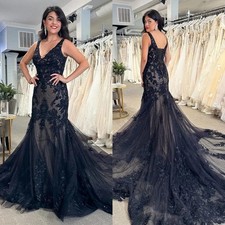 Black Gothic Wedding Dresses Mermaid Lace Applique with Sweep Train Bridal Gowns