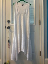 EUC Slinky Brand Womens Small White Crochet Lace Asymmetric Hem Midi Lined Dress