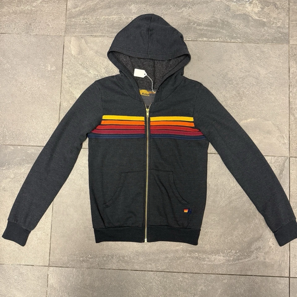 Aviator Nation 5 Stripe Zip Up Hoodie & Sweatpants Set Charcoal Gray Kids 12 NWT - Image 2 of 4