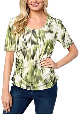 Jaclyn Smith Women's Scoop Neck Side Ruched Tee Olive Combo