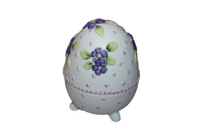 Vintage Ceramic Footed Easter Egg With Bunny Inside Purple Flowers 4''