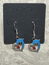Silver Heart Blue Dolphin Gem Enamel Drop Dangle Fashion Trendy Earring Set