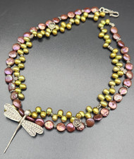 Two-Strand Multicolor Freshwater Pearl Bead Silver Tone Dragonfly Accent Necklac
