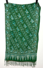 Green Teal Floral Lightweight Oblong Scarf Wrap With Fringe G232