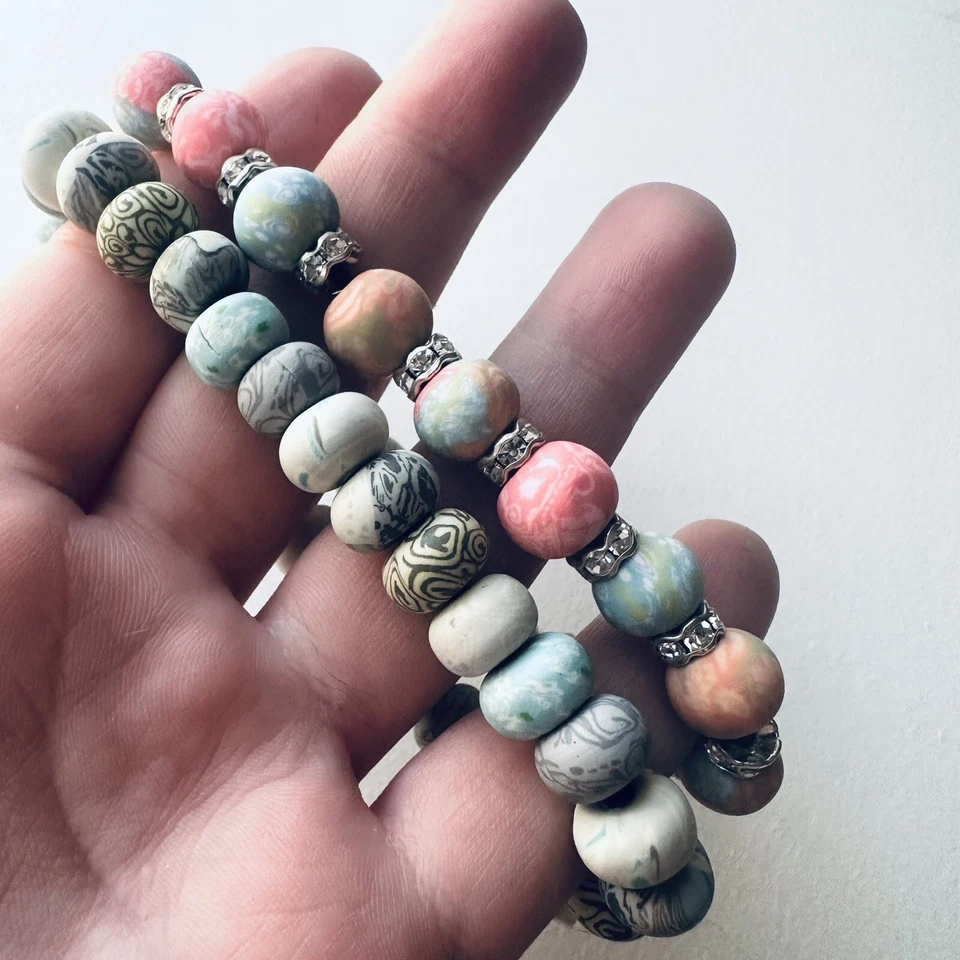 Viva бисер коренастый Серебряная глина ручной работы набор из двух эластичных браслетов новый с Ярлыками - Изображение 2 из 2