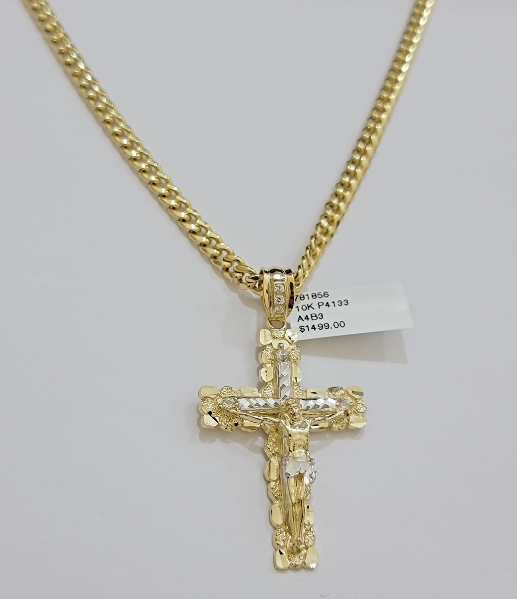 Real 10k Gold Cross Pendant Necklace 22 Inch SET Chain 5mm Miami