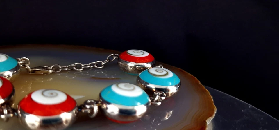 Armband Silber 925 Türkis Achat Muschel - außergewöhnlich & plakativ - Bild 4 von 4