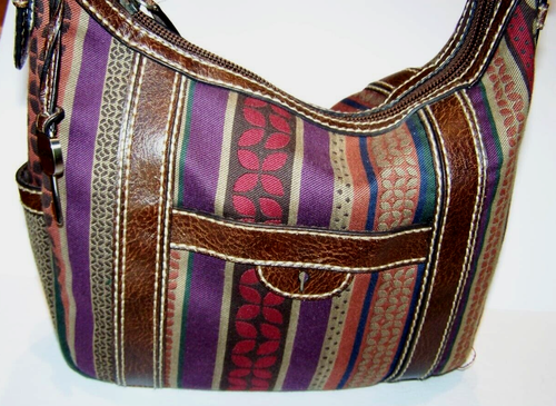 Vtg FOSSIL Purse Key-per Mod Print Striped Multicolor Brown Straps + Bag Charm! - Picture 2 of 10