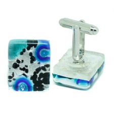 Murano Glas Manschettenkn&ouml;pfe rechteckig blau schwarz silber Venedig Hochzeit