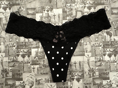 NWT Victoria's Secret Cotton Lace-waist Thong Panty  Black & White Dots Large  L