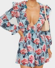 Sage Green Vintage Rose Print Frill Detail V Neck Shift Dress