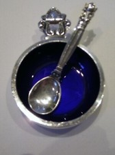 Georg Jensen  Acorn Konge Salznapf mit L&ouml;ffel 925 Sterling Silber / Emaille