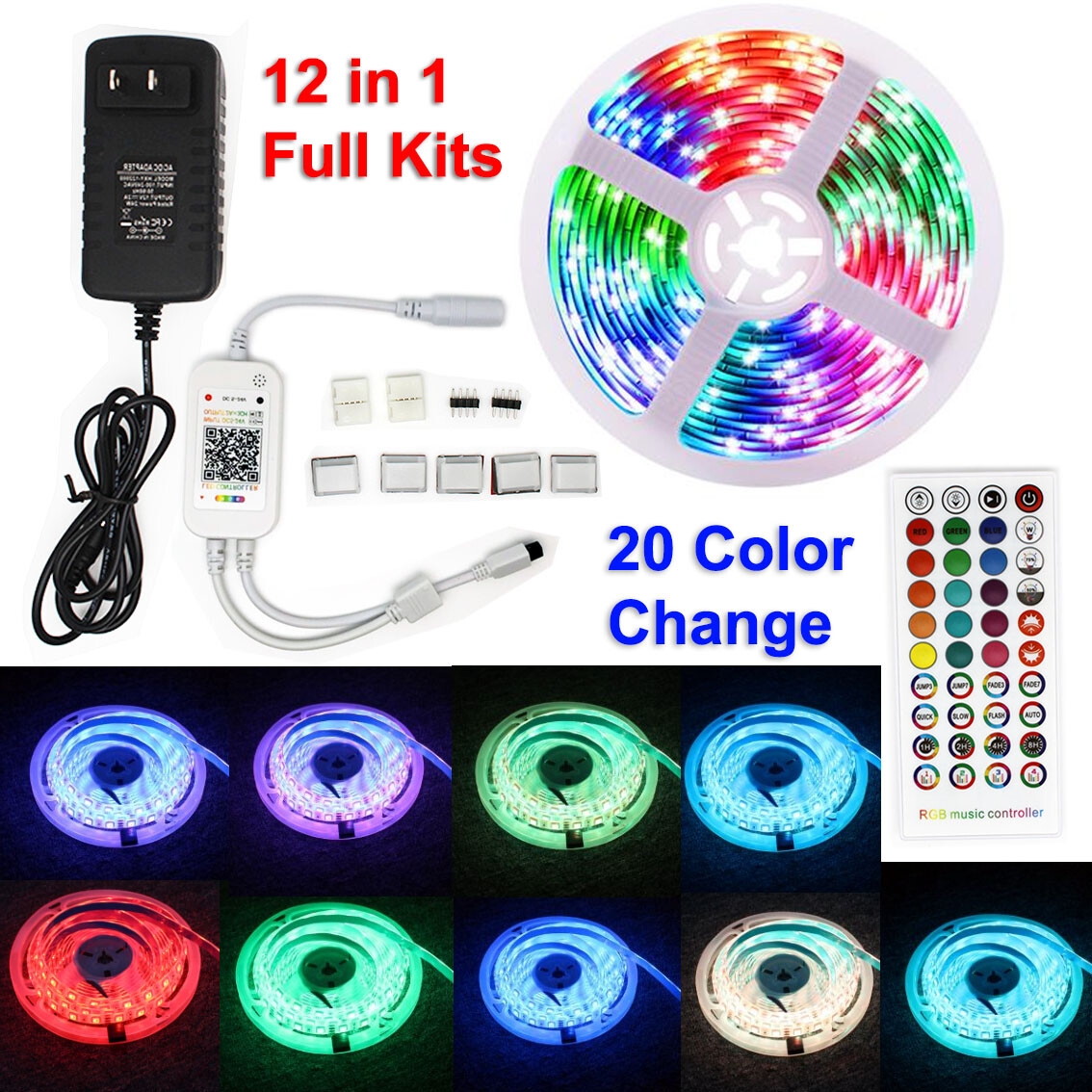 16.4ft LED Strip Lights 5050 RGB Music Sync Bluetooth APP Remote US Power  Supply | eBay