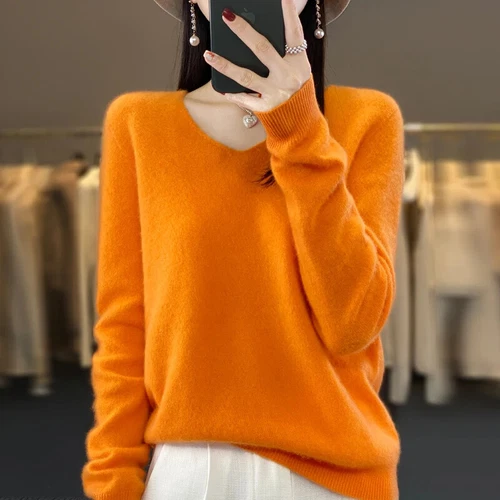 2024 Herbst Winter 100% Reine Wolle Kaschmir Damen V-Ausschnitt Pullover Pulli - Bild 33 von 42