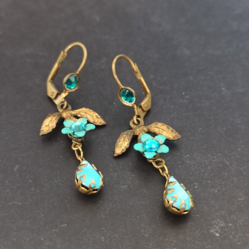Michal Negrin Earrings Dainty Turquoise Blue Shabby Romantic Crystals Rustic VTG - Picture 5 of 12