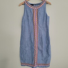 Talbots Dress Linen Blend Womens Size 4 Sleeveless Chambray Embroidered Lined
