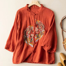 Damen Chinesisch Stickerei Ethnisch Top Hemd Bluse Retro Frosch Knöpfe Freizeit