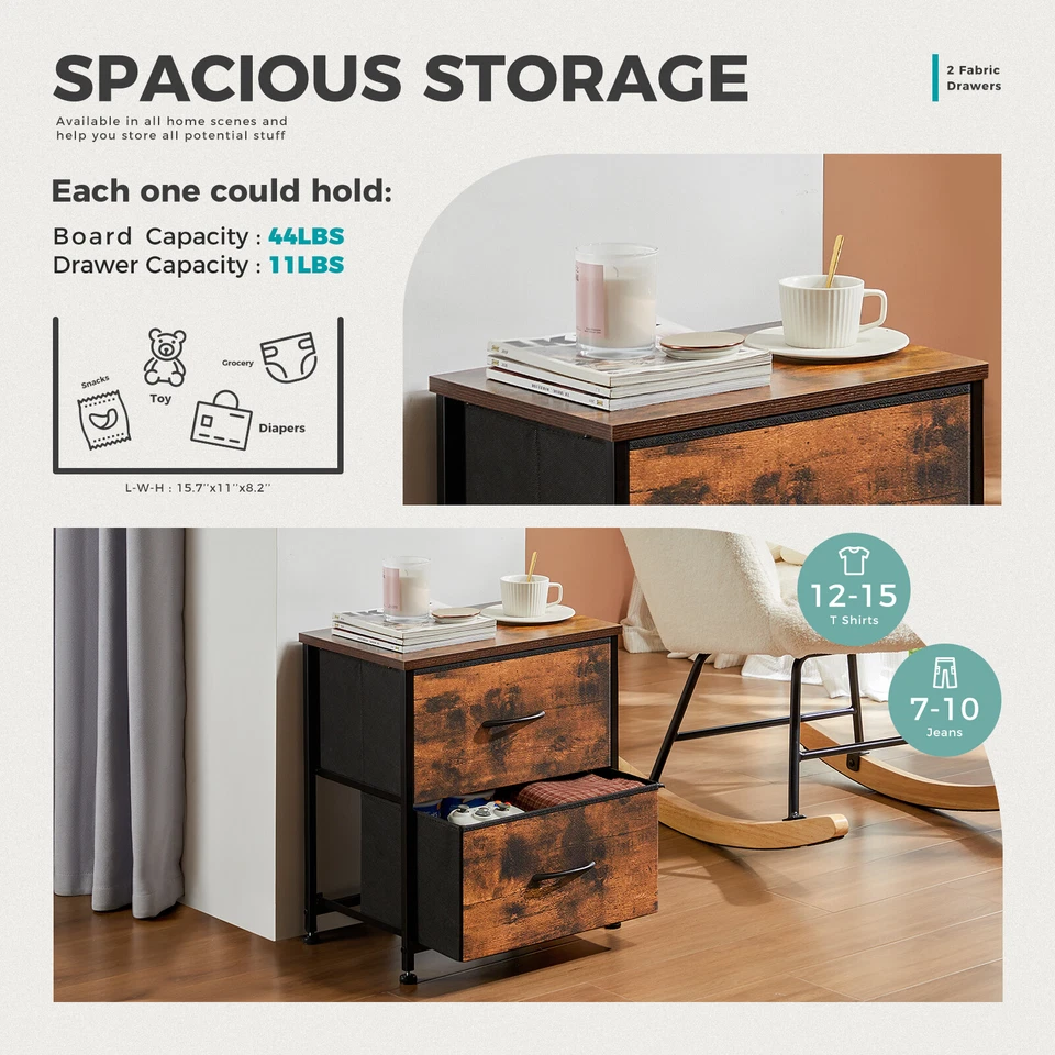 Mesita de noche con 2 cajones de tela Mesa auxiliar de dormitorio Mesita de noche 1 pieza Foto 3 de 4