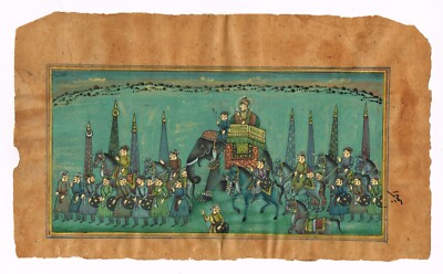 Mughal Miniaturgemälde Von Kaiser Akbar Prozession Auf Papier 10x6 Zoll