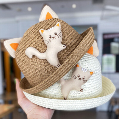 Baby Kids Summer Anti-UV Straw Sun Hat Cat Ear Bucket Beach