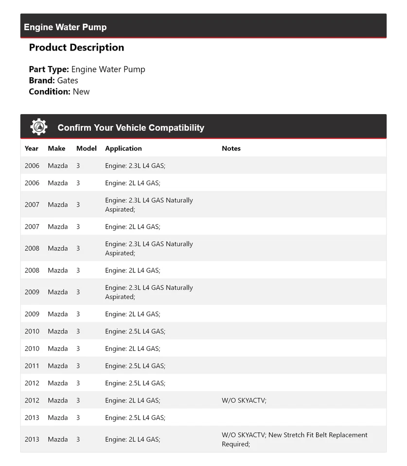 Para Mazda 2006-2013 3 Motor Bomba Agua Puertas 2007 2008 2009 2010 2011 2012 Foto 2 de 4