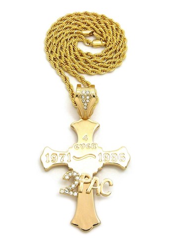 NEW 2PAC CROSS PENDANT WITH ROPE CHAIN 