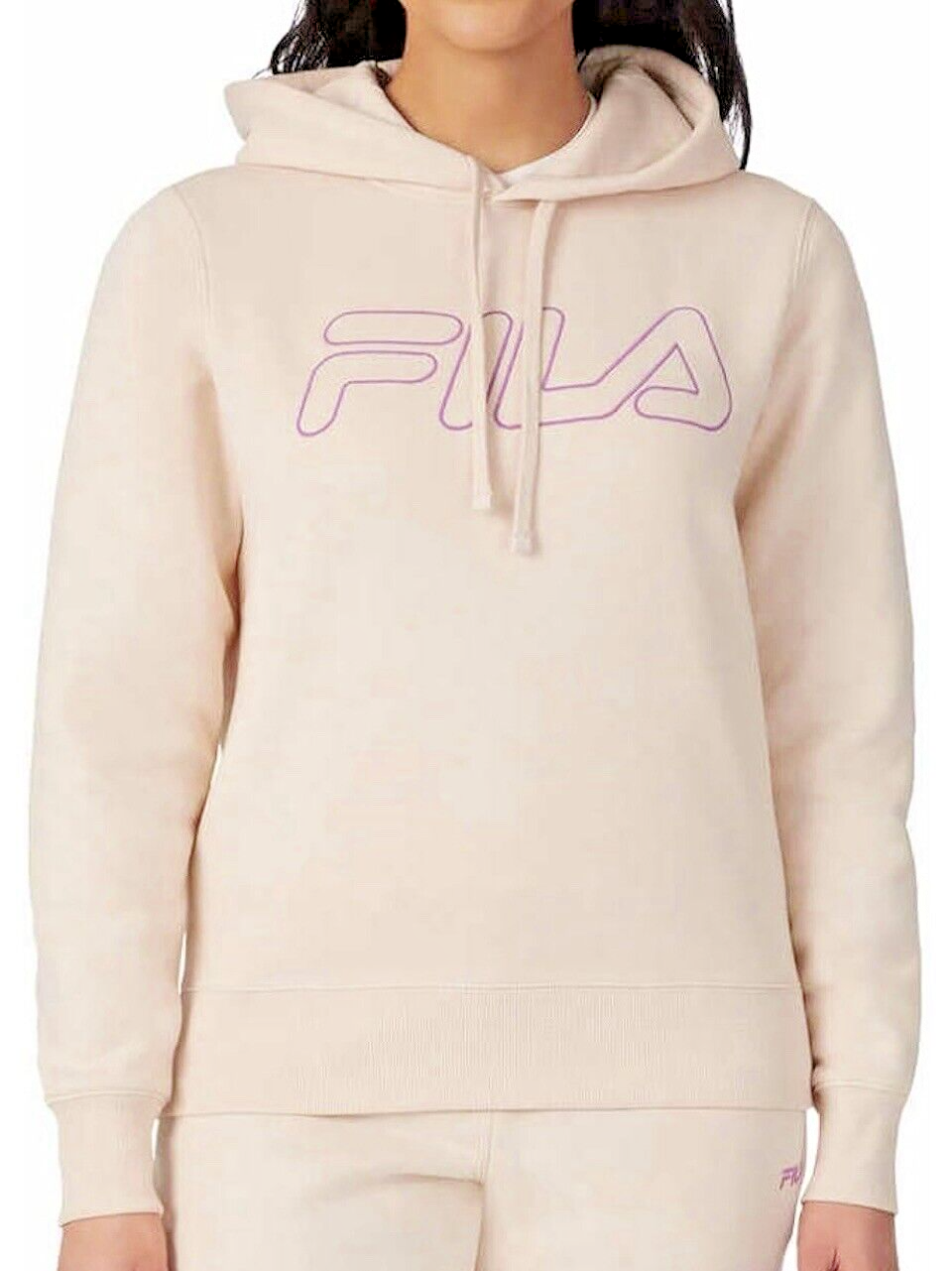 Pullover in pile donna Fila peso medio logo felpa con cappuccio grande L dollaro sabbia nuovo