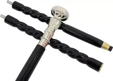 Elegant Walking Stick Twisted Antique Wood and Metal, Black and Silver Designer