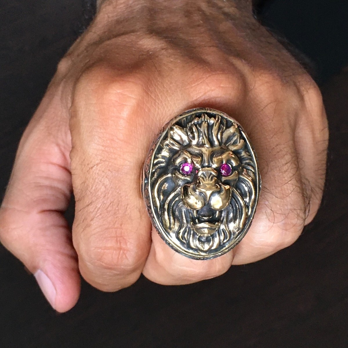 Silver Lion Ring Ruby eyes 925 Sterling Unique Solid Bold Artisan