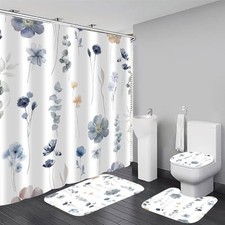 4Pcs Watercolor Shower Curtain Set with Non-Slip Rugs, Toilet Lid Cover Flower