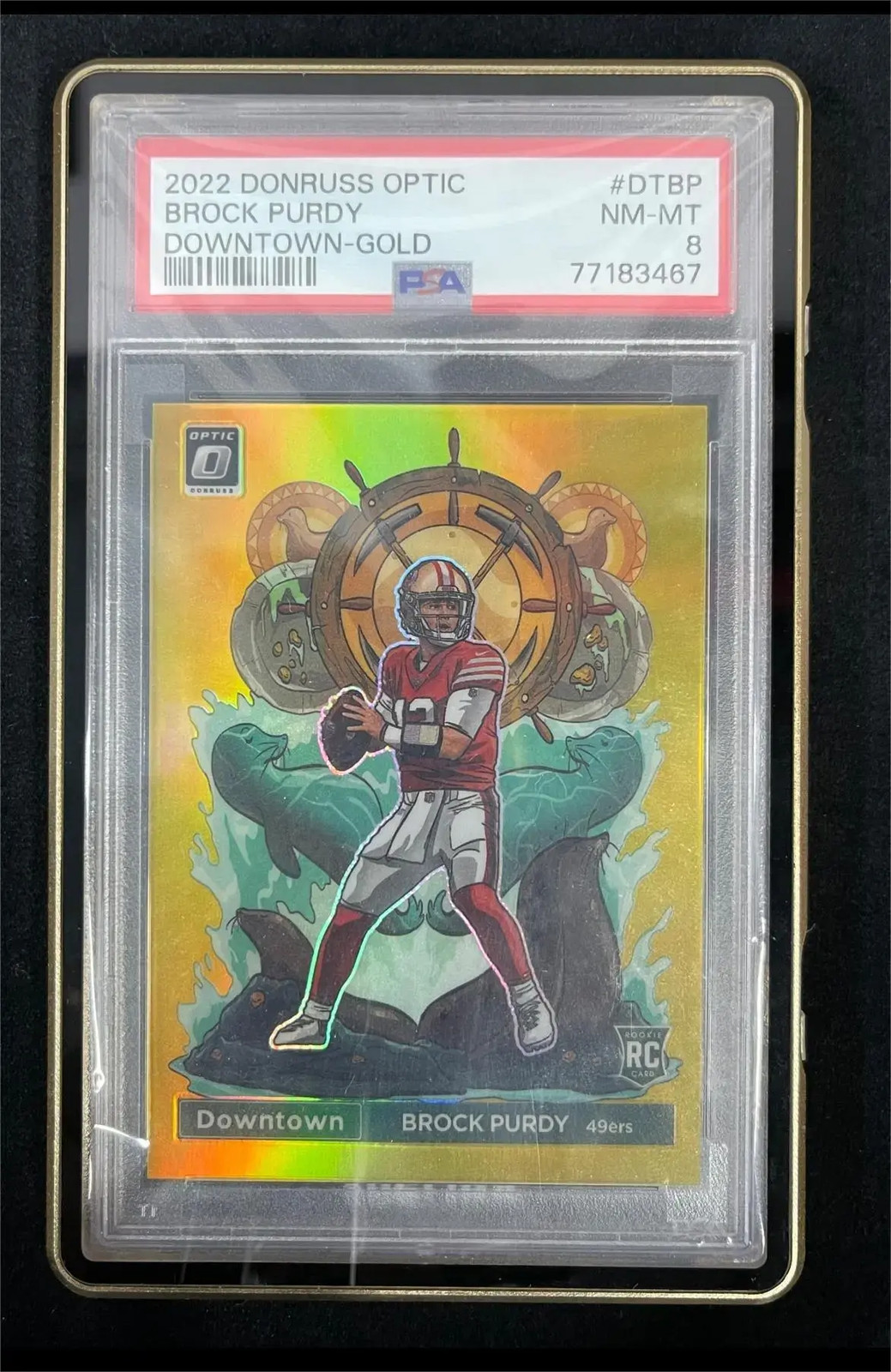 2022 Panini Donruss Optic Downtown Gold #DT-BP Brock Purdy RC 5/10 PSA 8 NOP