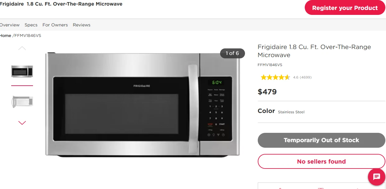 Frigidaire FFMV1846VS 1.8 cu. ft 1000W Over-the-Range Microwave Oven
Opens in a new window or tab