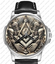 Masonic Freemason Square And Compass 4 Black Leather Strap Watch