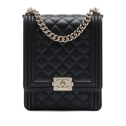 Chanel Quilted Lambskin North South Boy Flap Pre-Loved Crossbody Bag Black