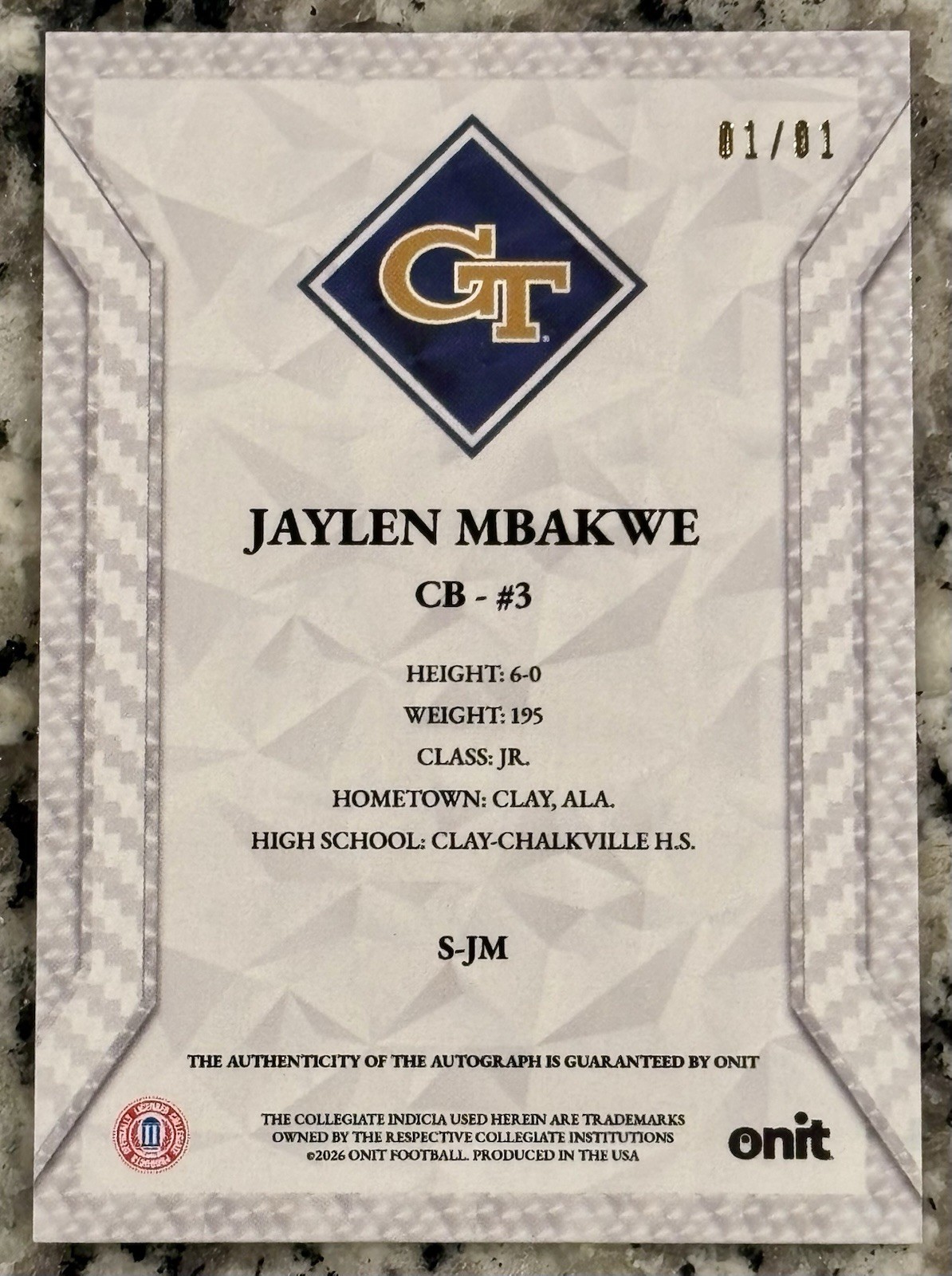 Jaylen Mbakwe 2026 Onit Athlete Georgia Tech Football Gold Auto 1/1 Autograph view 2