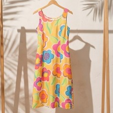 On White L Floral Midi Dress Sleeveless Colorful Casual Summer Y2K Pockets