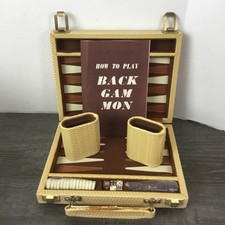 Vintage Mini Backgammon 9" Portable Travel Case Game Brown Cream Chips
