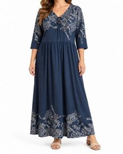 Floral Embroidered V-Neck Maxi Dress Blue
