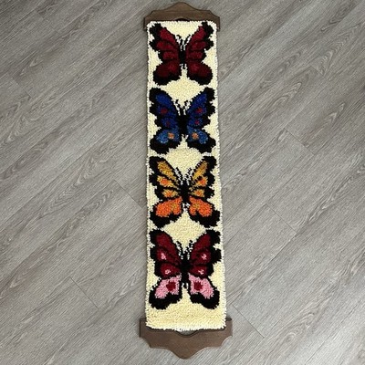 Vintage Mid Century Butterfly Latch Hook Wooden Hanging Wall Art