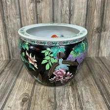 Chinoiserie Chinese Jardiniere Koi Fish Bowl Planter Pot Set Hand Painted Stamp