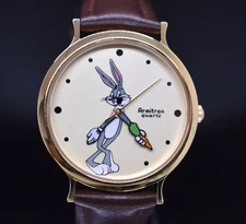 Vtg 1989 ARMITRON BUGS BUNNY Watch Moving Arms Carrot Leather NEW BATTERY & BAND