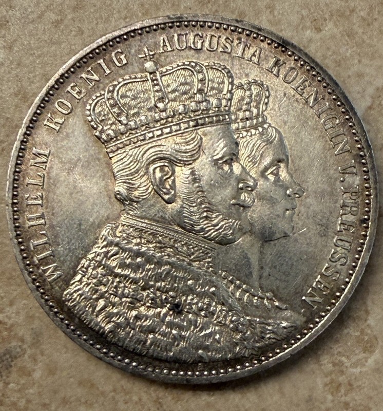 1861 Prussia German States Silver Coronation Thaler Coin AU/UNC Details