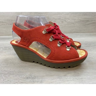 Fly London Women's Sandals Red Leather Lace Up Wedge Peep Toe Platform Shoes