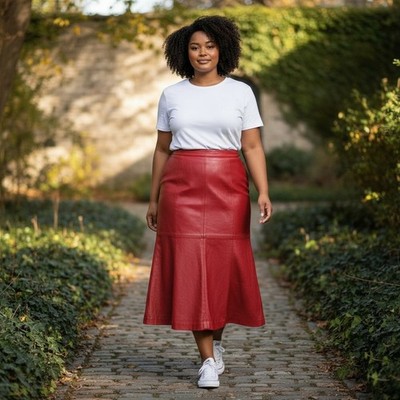 Vintage Y2K 2000s 90s Deerskin Cherry Red 100% Leather Midi Skirt Plus Size 20