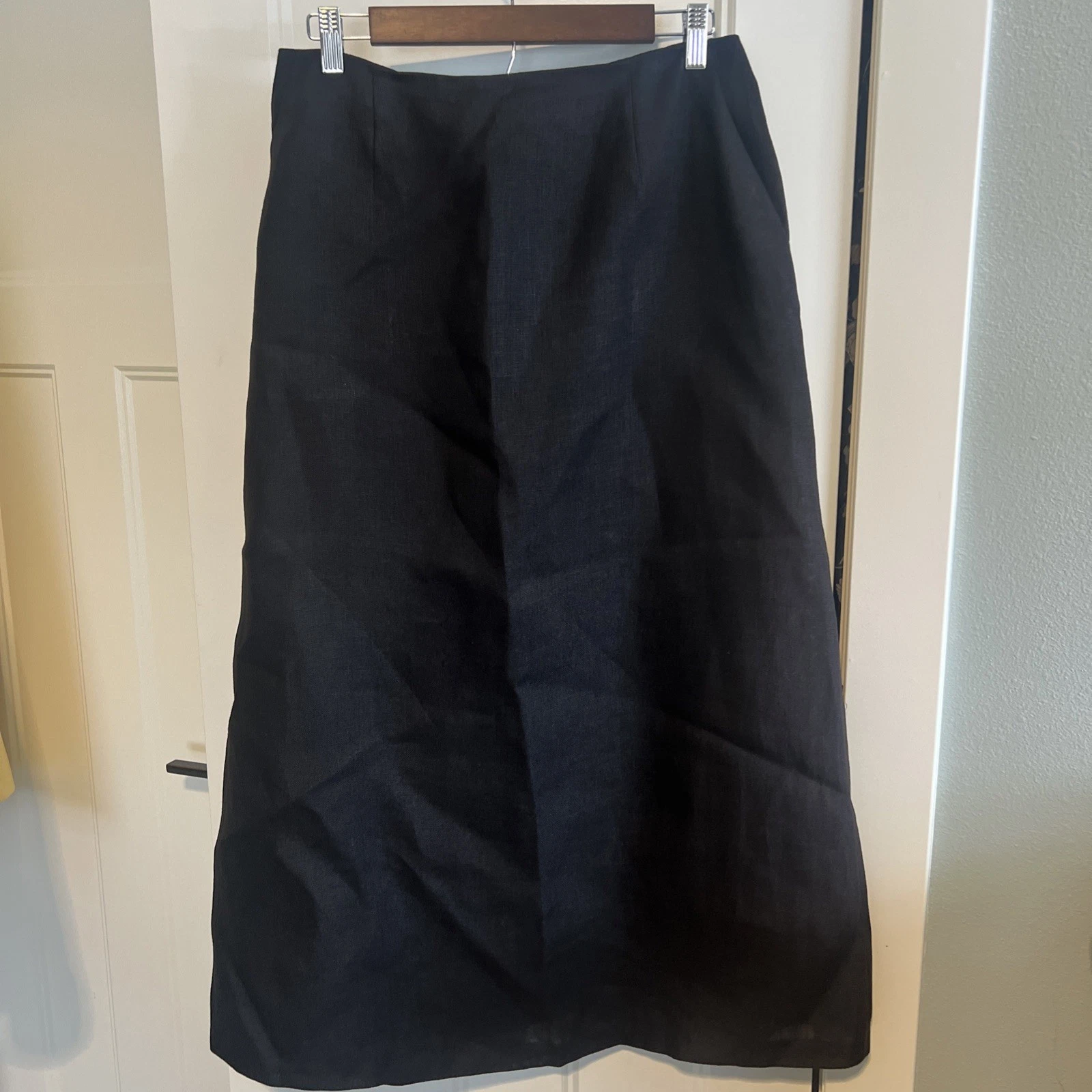 Talbots Irish Linen Midi Skirt Black A-Line Womens Size 12 Pockets Preppy
