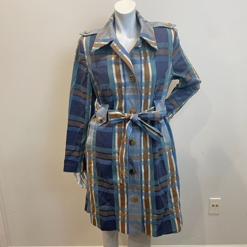CABI Highclere Blue & Tan Plaid Trench Coat