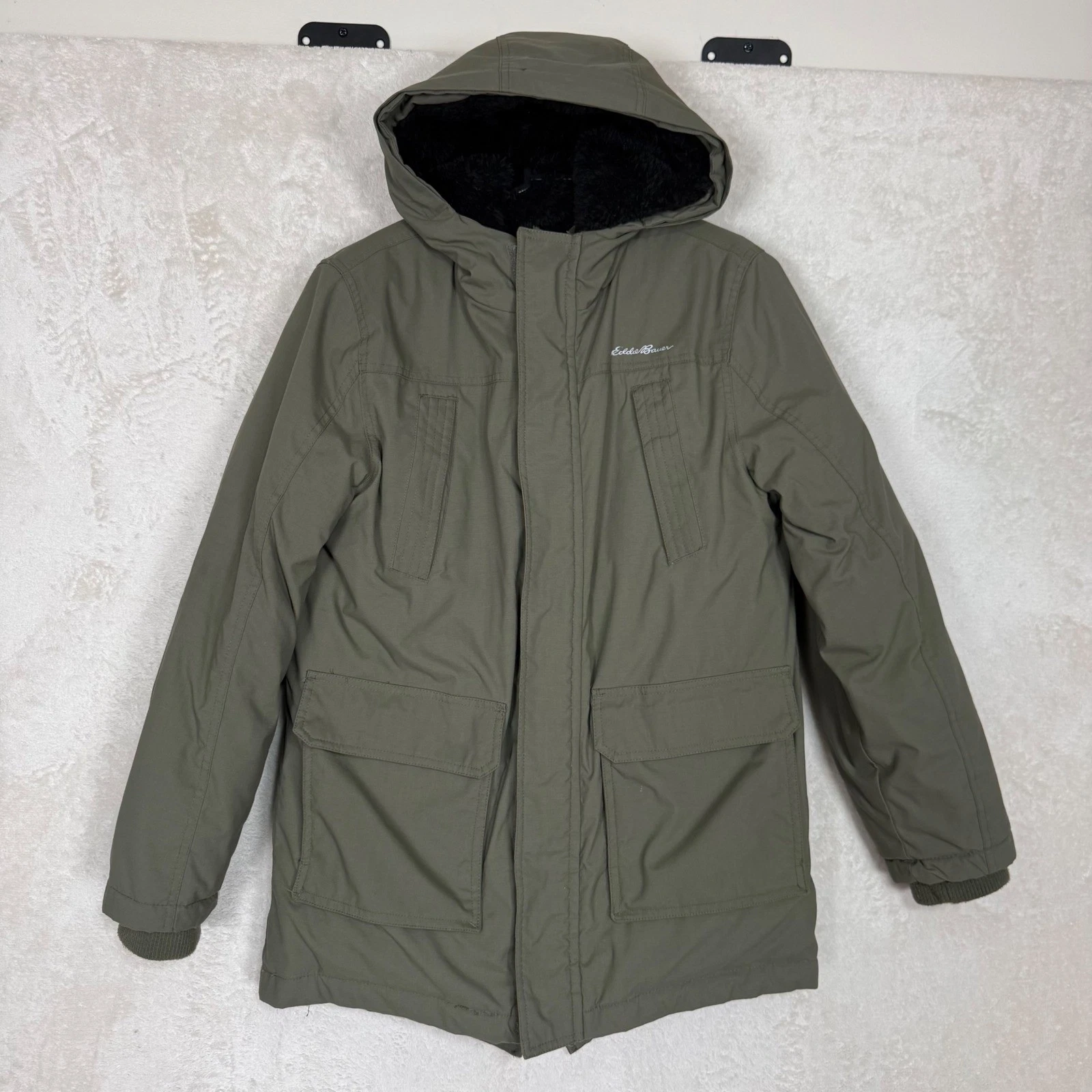 Eddie Bauer Kids M 10/12 Olive Green Down Insulated Hooded Parka Jacket