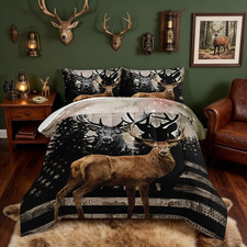 Snowy Forest Deer Comforter Set with 2 Pillowcases,Camo American Flag Queen Comf