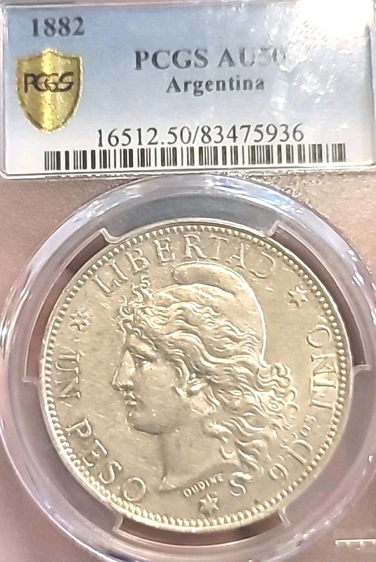 Argentina 1882 Peso Rare Undergraded PCGS 50++ Luster/Sharp Detail Beauty 