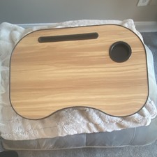 Laptop Lap Desk Wood Metal Light Brown Black Cup Holder Tablet Slot Foldable